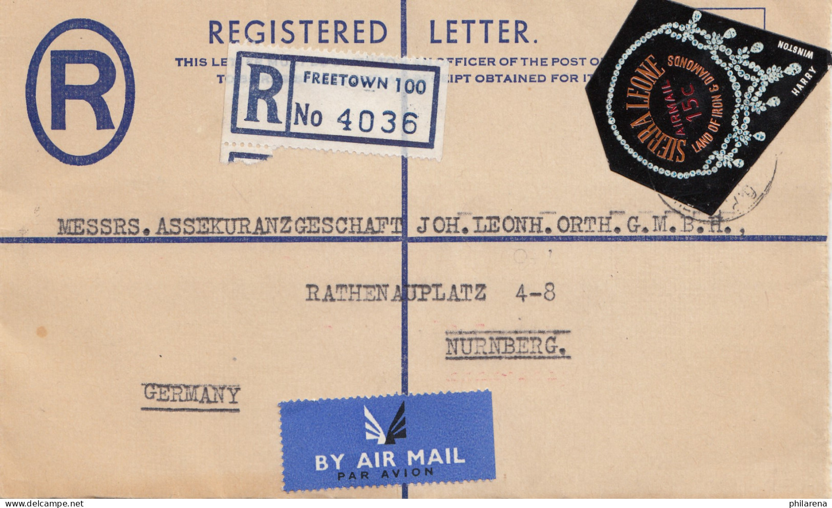 Sierra Leone: Freetown, Air Mail Registered To Nürnberg - Sierra Leone (1961-...)