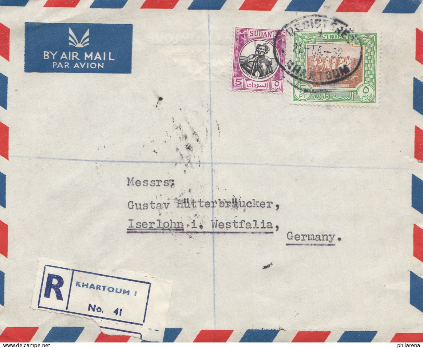 Sudan 1952: Air Mail Registered No. 041 Khartoum 2 To Iserlohn - Sudan (1954-...)