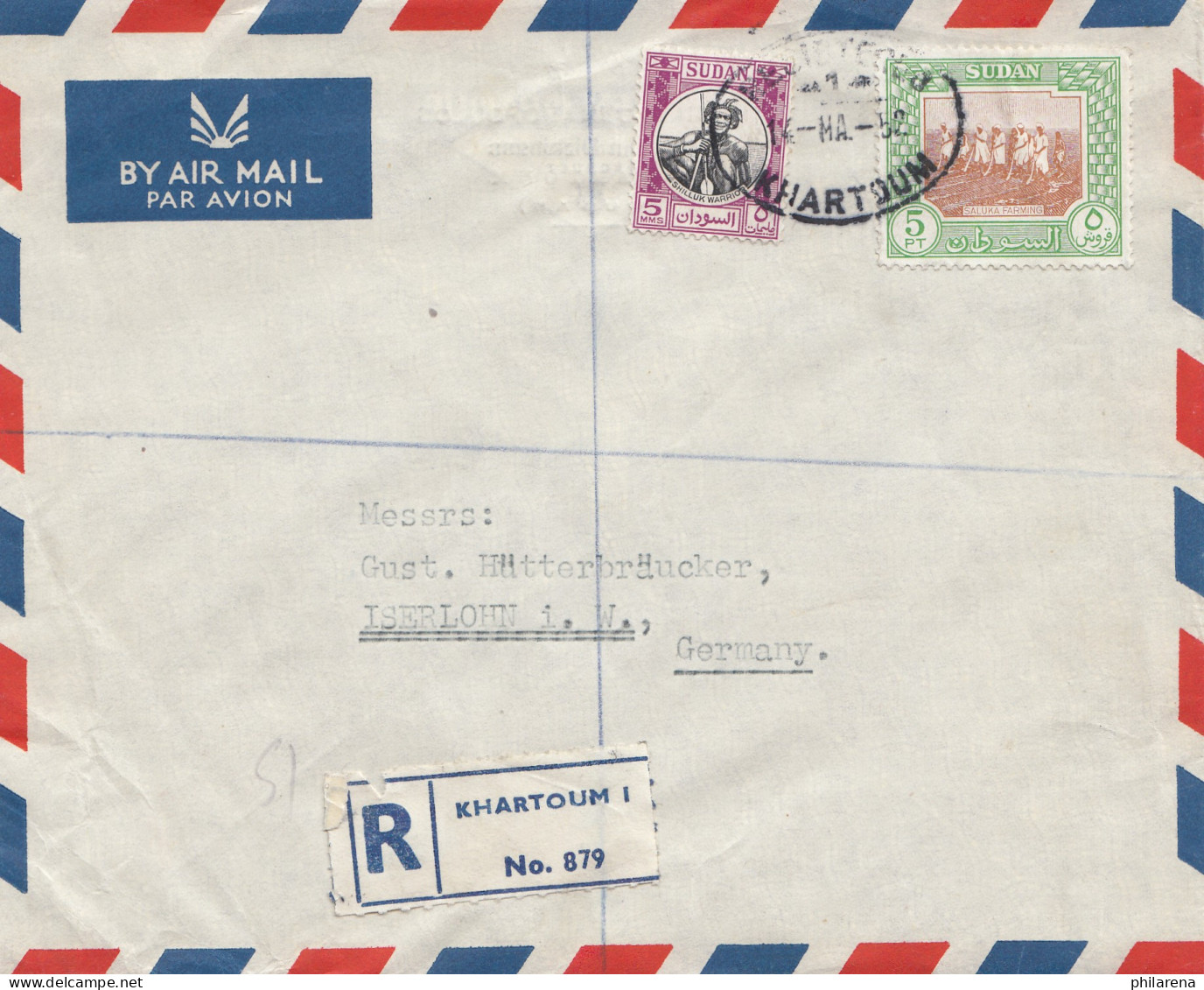 Sudan 1952: Air Mail Registered Khartoum 2 To Iserlohn - Sudan (1954-...)