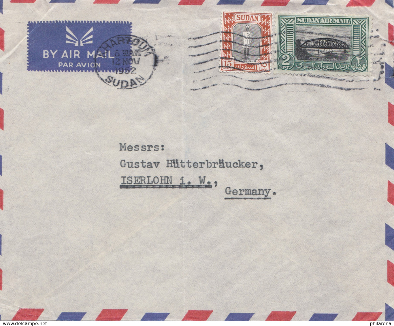 Sudan 1952: Air Mail Khartoum To Iserlohn - Sudan (1954-...)