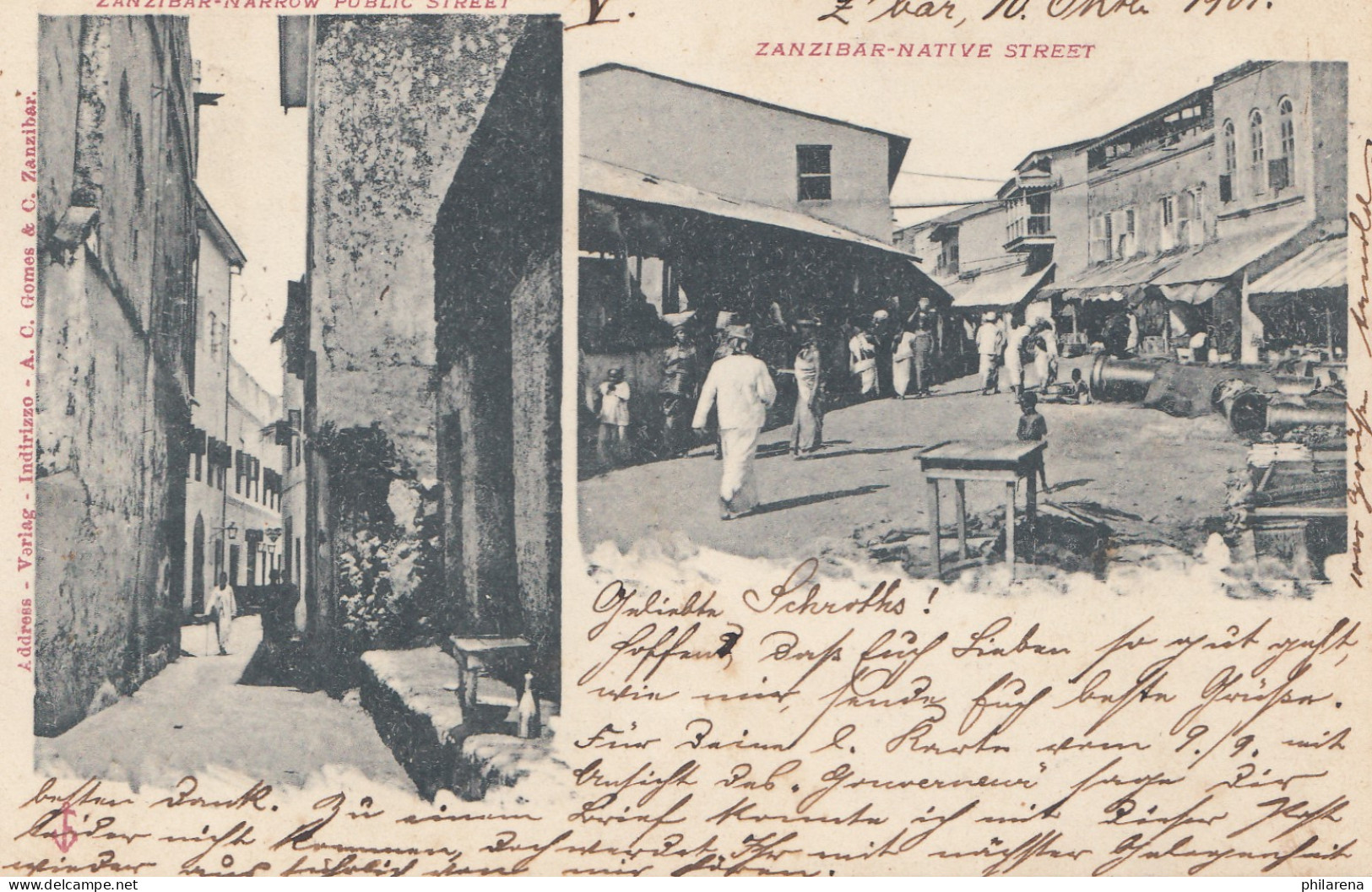 Zanzibar 1901: Post Card Native-street To Hamburg - Tanzania (1964-...)