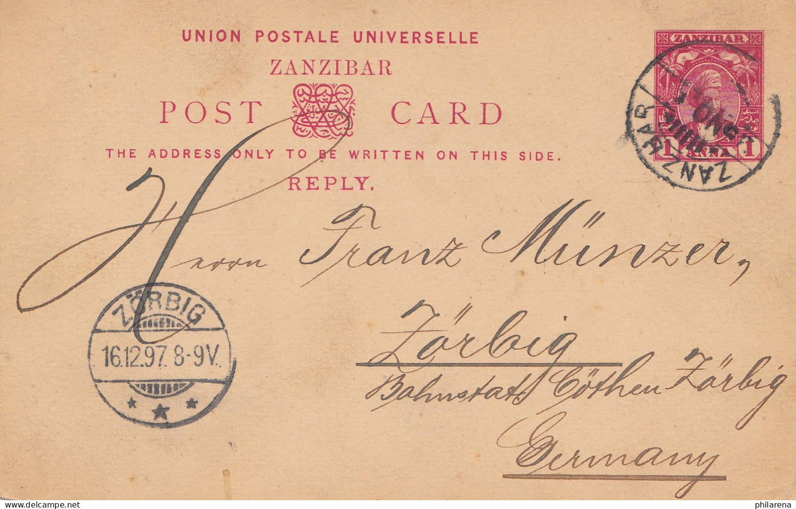 Zanzibar 1897 Post Card To Zörbig/Germany - Tanzania (1964-...)