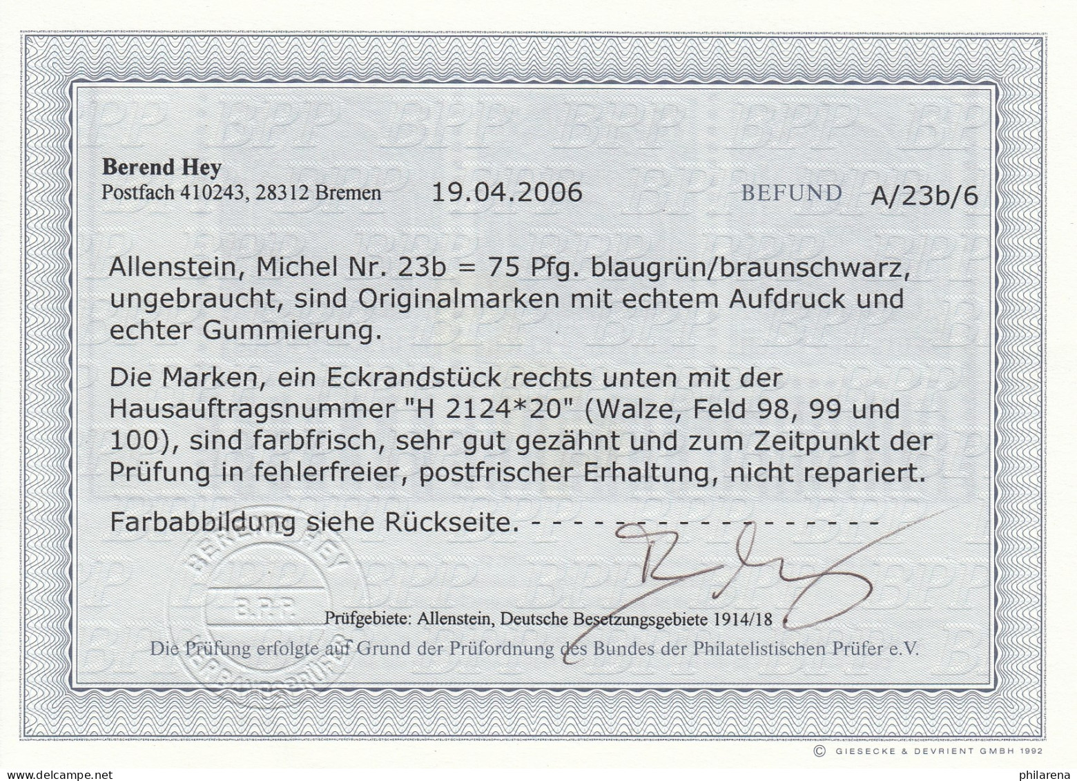 Allenstein: MiNr. 23b. Postfrisch, Eckrandstück, HAN Nummer, BPP Befund - Allenstein