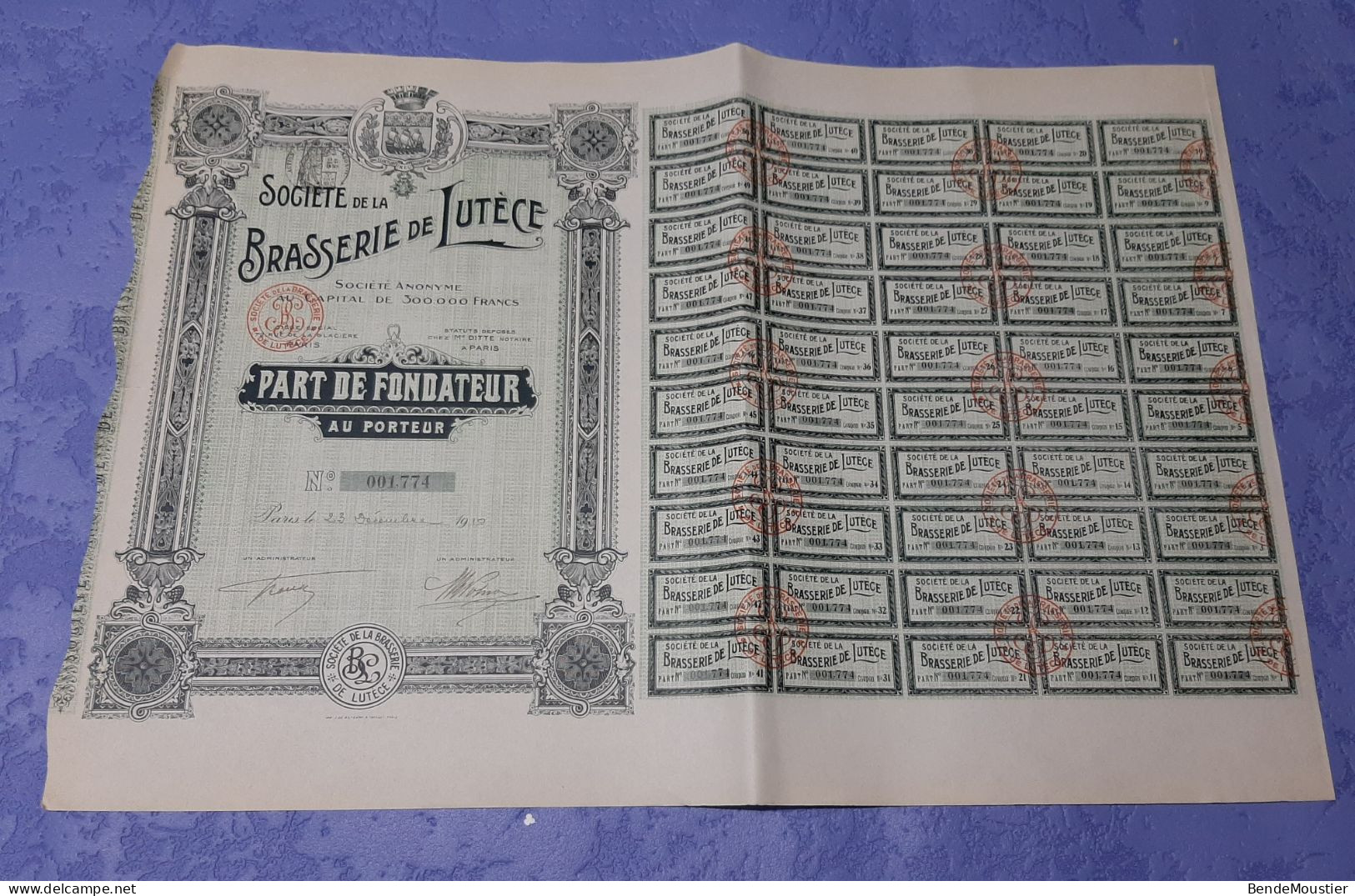 Société De La Brasserie De Lutèce S.A. - Part De Fondateur Au Porteur - Paris 1910. - Industry