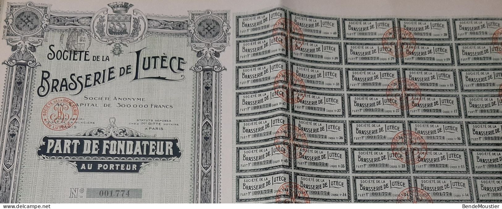 Société De La Brasserie De Lutèce S.A. - Part De Fondateur Au Porteur - Paris 1910. - Industrie