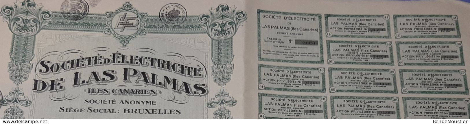 Société D'électricité De Las Palmas " Iles Canaries" S.A. - Action Privilégiée Sans Mention De Valeur - Bruxelles 1928. - Electricité & Gaz