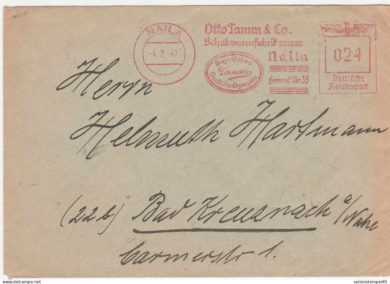 Deutschland 1947 Brief Mit Freistempel Naila Otto Tamm & Co Schuhwarenfabrik LK Hof Alter Stempelkopf - Emisiones De Necesidad Zona Americana