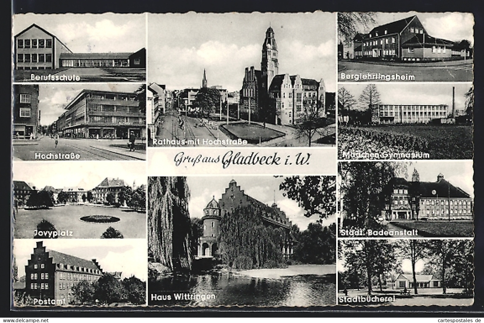 AK Gladbeck I. W., Rathaus Mit Hochstrasse, Postamt, Haus Wittringen, Berufsschule, Jovyplatz, Stadtbücherei U.a.  - Gladbeck