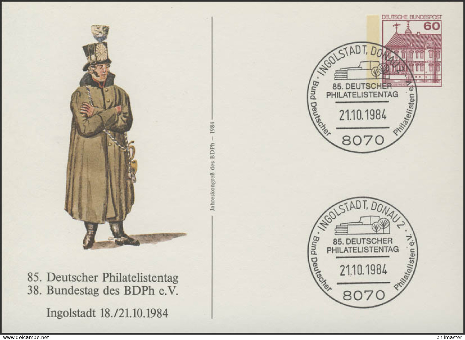 PP 106/148 Philatelistentag 1984: Postillon Mit Mantel, SSt Ingolstadt 21.10.84 - Privatumschläge - Ungebraucht