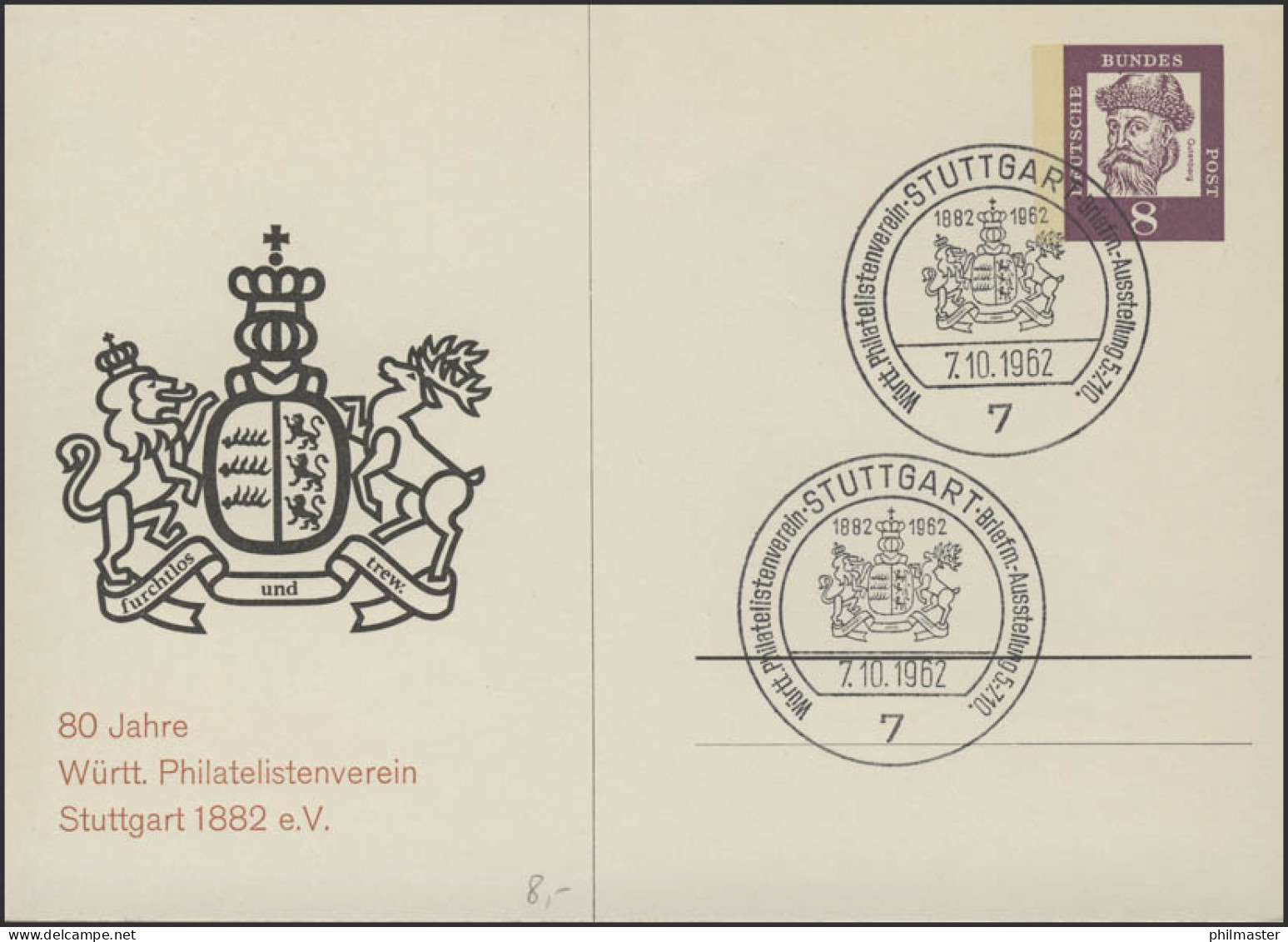 PP 25/2 Württembergischer Philatelistenverein &  Wappen SSt Stuttgart 7.10.1962 - Sobres Privados - Nuevos