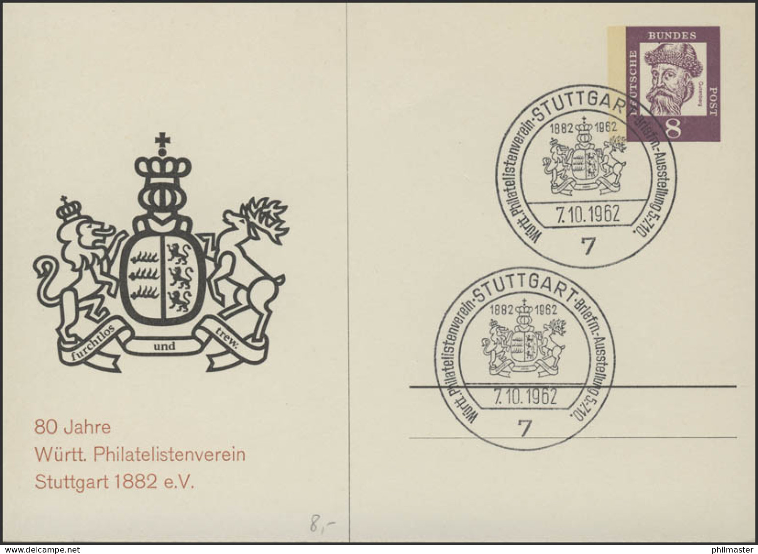PP 25/2 Württembergischer Philatelistenverein &  Wappen SSt Stuttgart 7.10.1962 - Enveloppes Privées - Neuves