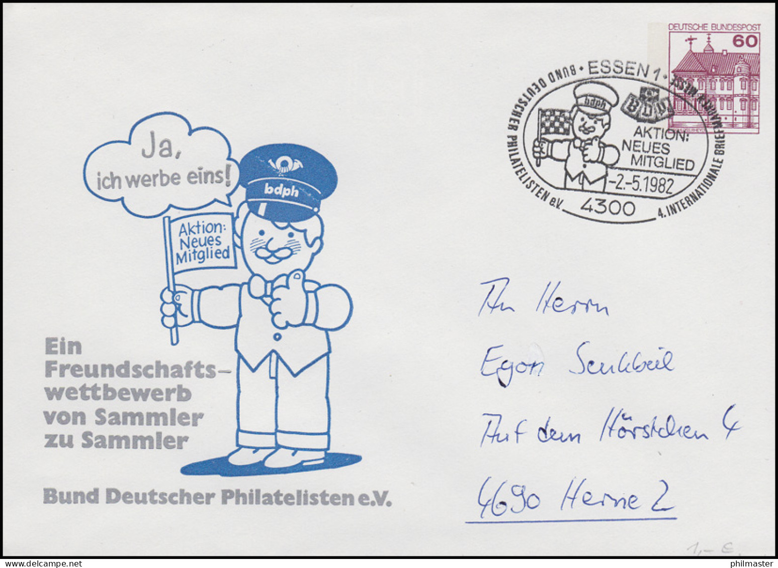 PU 115 BuS 60 Pf BDPh - Aktion Neues Mitglied, SSt Essen Messe BDPh 2.5.1982 - Privé Briefomslagen - Ongebruikt