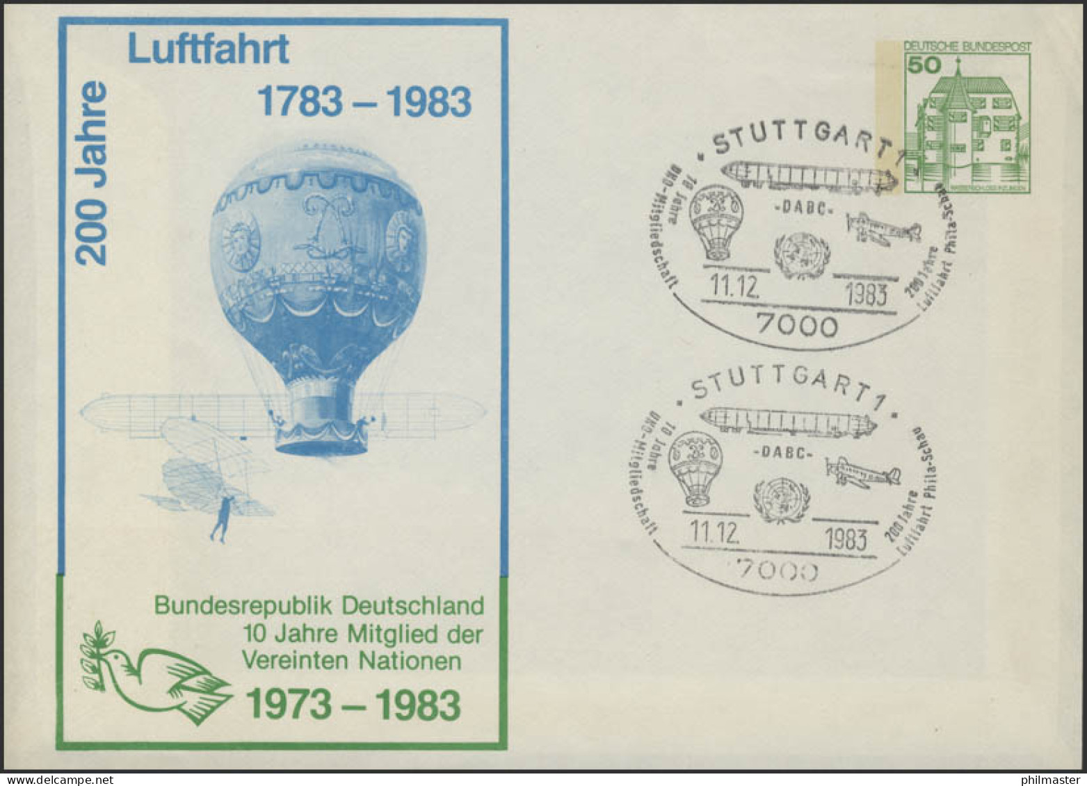 PU 113/69 Montgolfiere Luftgleiter Friedenstaube UNO SSt Stuttgart DABC 11.12.83 - Privé Briefomslagen - Ongebruikt