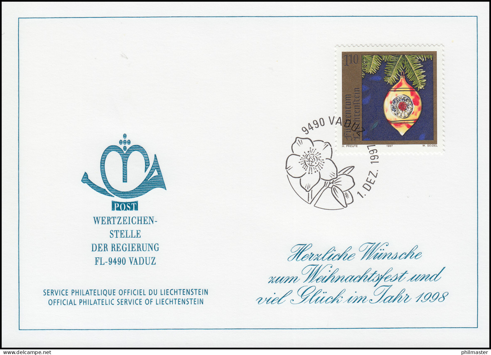 Liechtenstein 1161 Weihnachten - Grußkarte Zum Jahreswechsel 1998 - Cartas Máxima