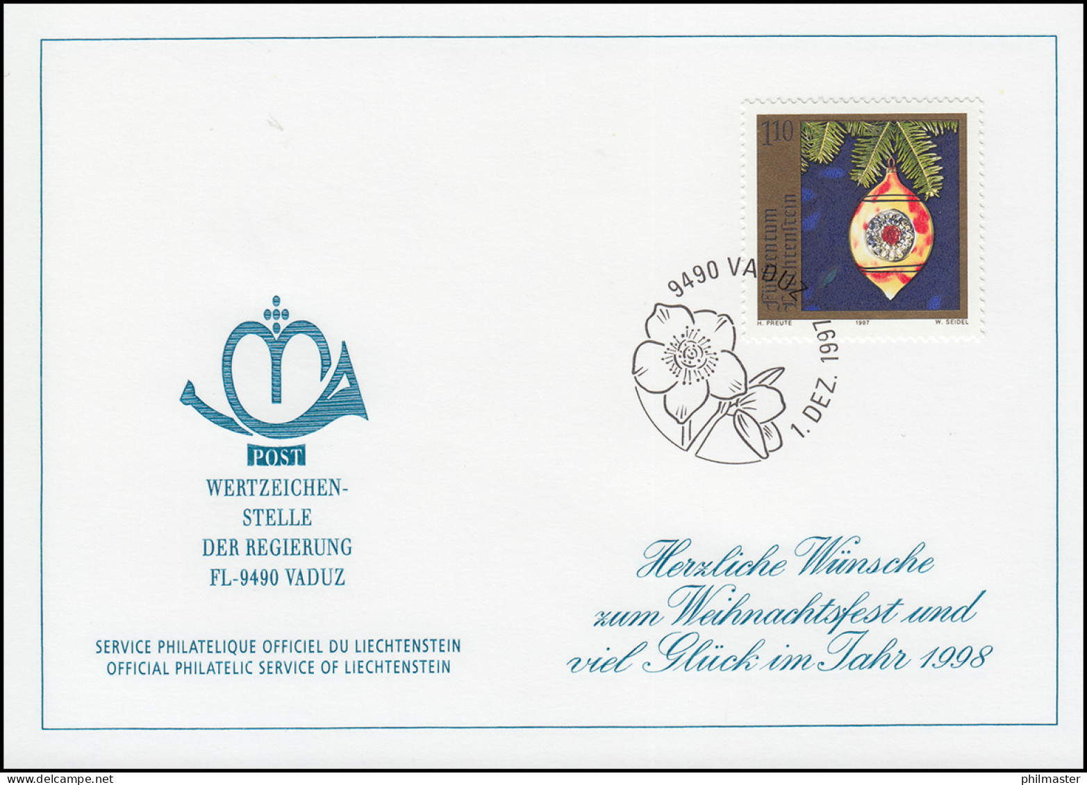 Liechtenstein 1161 Weihnachten - Grußkarte Zum Jahreswechsel 1998 - Maximum Cards