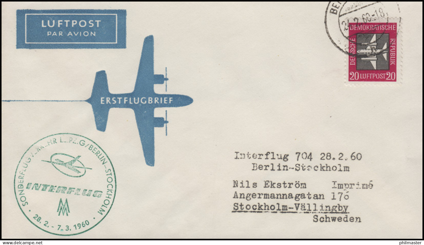 Luftpost INTERFLUG IF 704 Berlin-Kobenhagen 28.2.60, Drucksache BERLIN 24.2.60 - Airmail