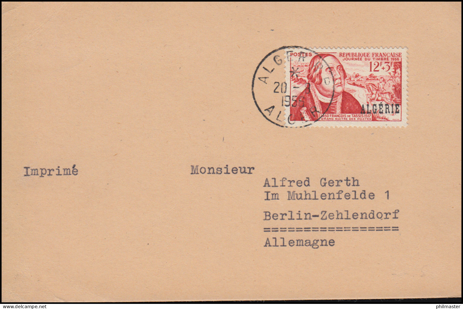 Algerien 346 Tag Der Briefmarke Mit Aufdruck ALGERIE Drucksache ALGER 20.8.1956 - Giornata Del Francobollo