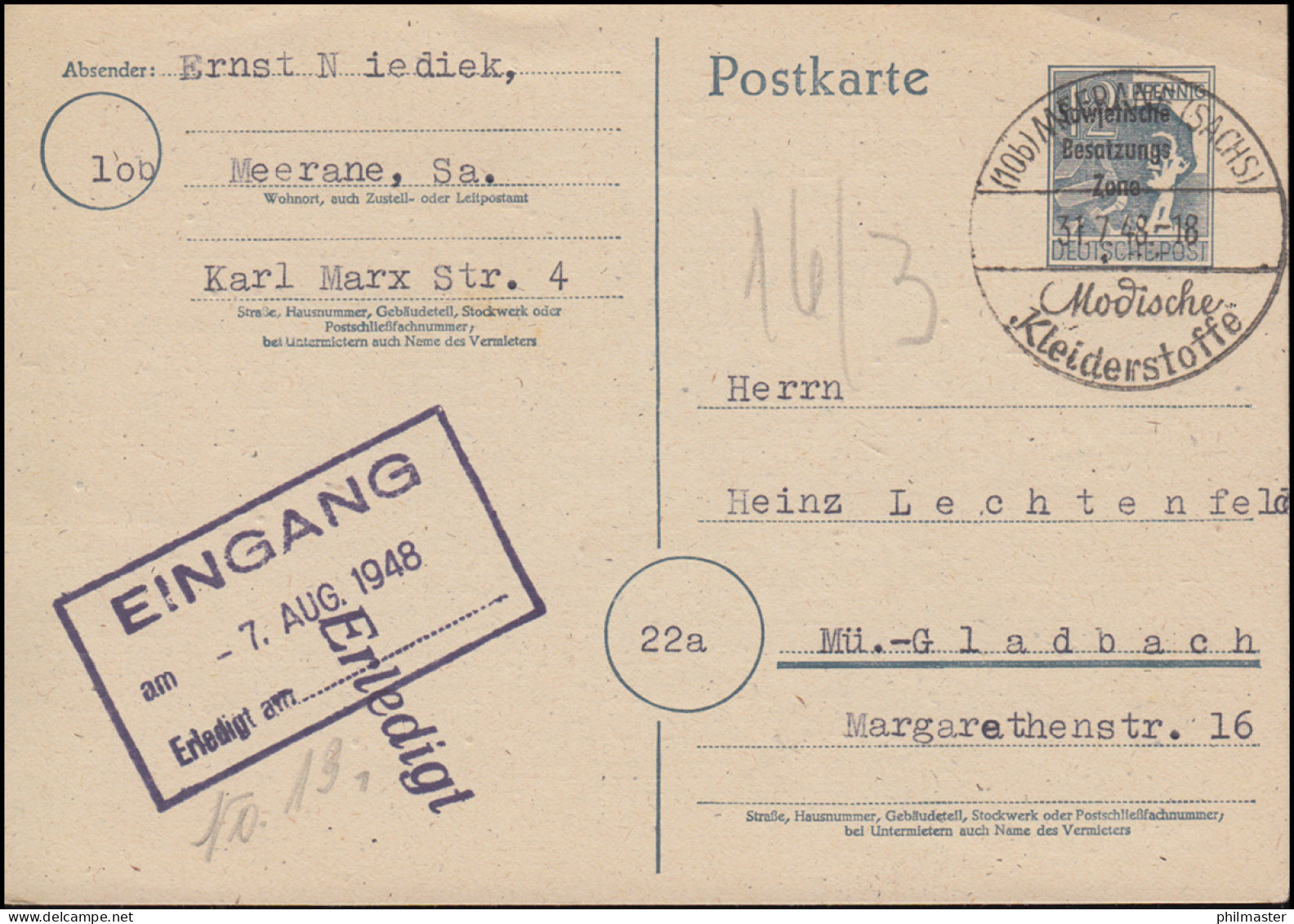 P 962 Arbeiter SSt MEERANE Modische Kleiderstoffe 31.7.1948 Nach Mönchengladbach - Textile