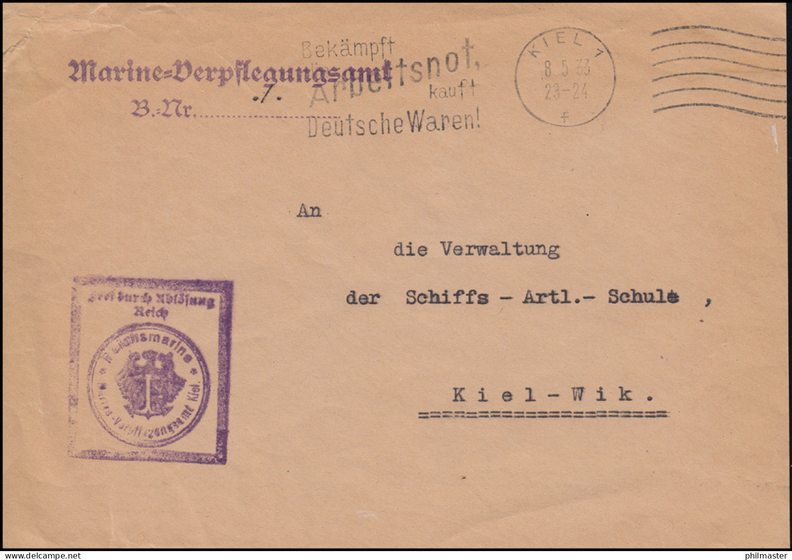 Frei Durch Ablösung Reichsmarine-Verpflegungsamt KIEL 8.5.1933 Als Orts-Brief - Marítimo