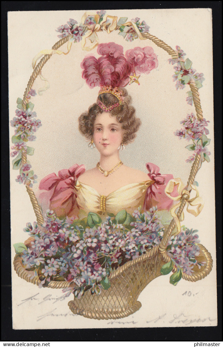 Mode-AK Frau Mit Federn Im Haar - Im Blumenkorb, Ortspostkarte HAMBURG 1902 - Mode