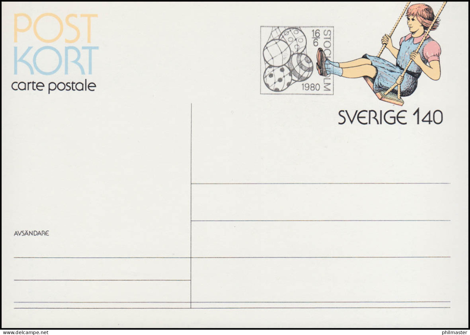 Schweden Postkarte P 104 Mädchen Auf Schaukel 1980, FDC Stockholm Bälle 16.6.80 - Postal Stationery