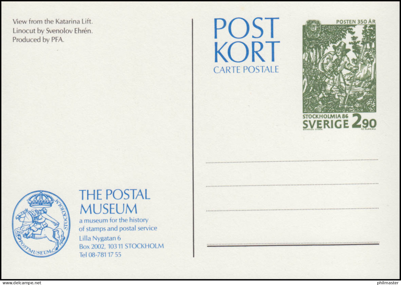 Schweden Postkarte P 108 350 Jahre Post 2,90 Krona 1986, ** Postfrisch - Postal Stationery