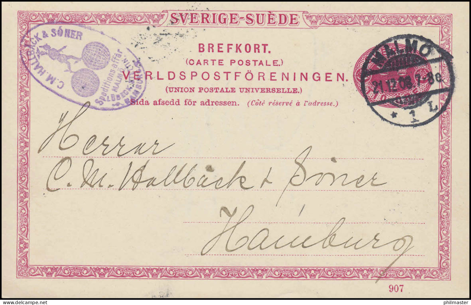 Postkarte P 25 SVERIGE-SUEDE Mit DV 907, MALMÖ 21.12.1908 Nach Hamburg - Postal Stationery