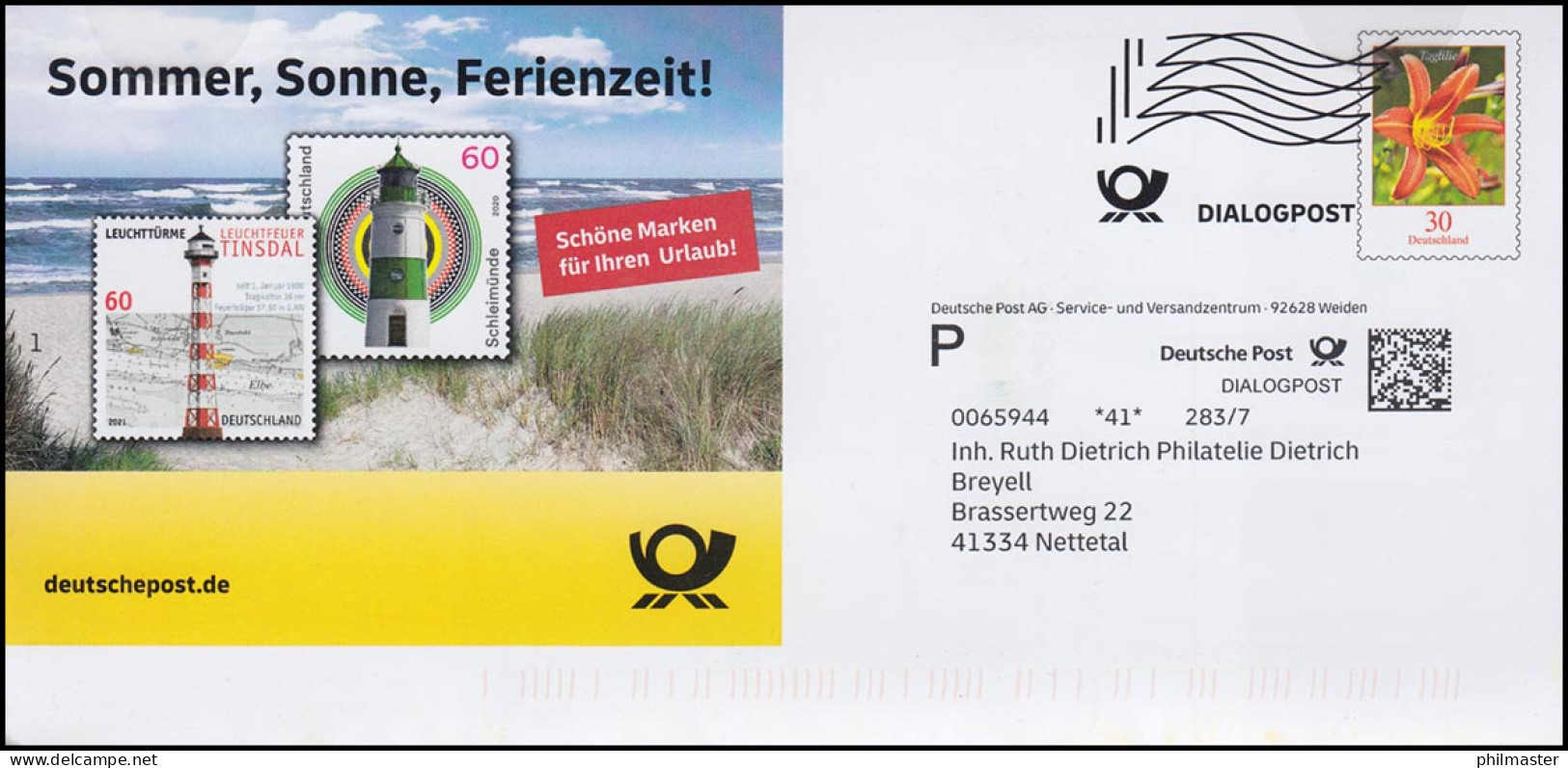 Plusbrief Dialogpost Blume Taglilie 30 Cent Leuchttürme Tinsdal Schleimühle 2021 - Briefomslagen - Ongebruikt