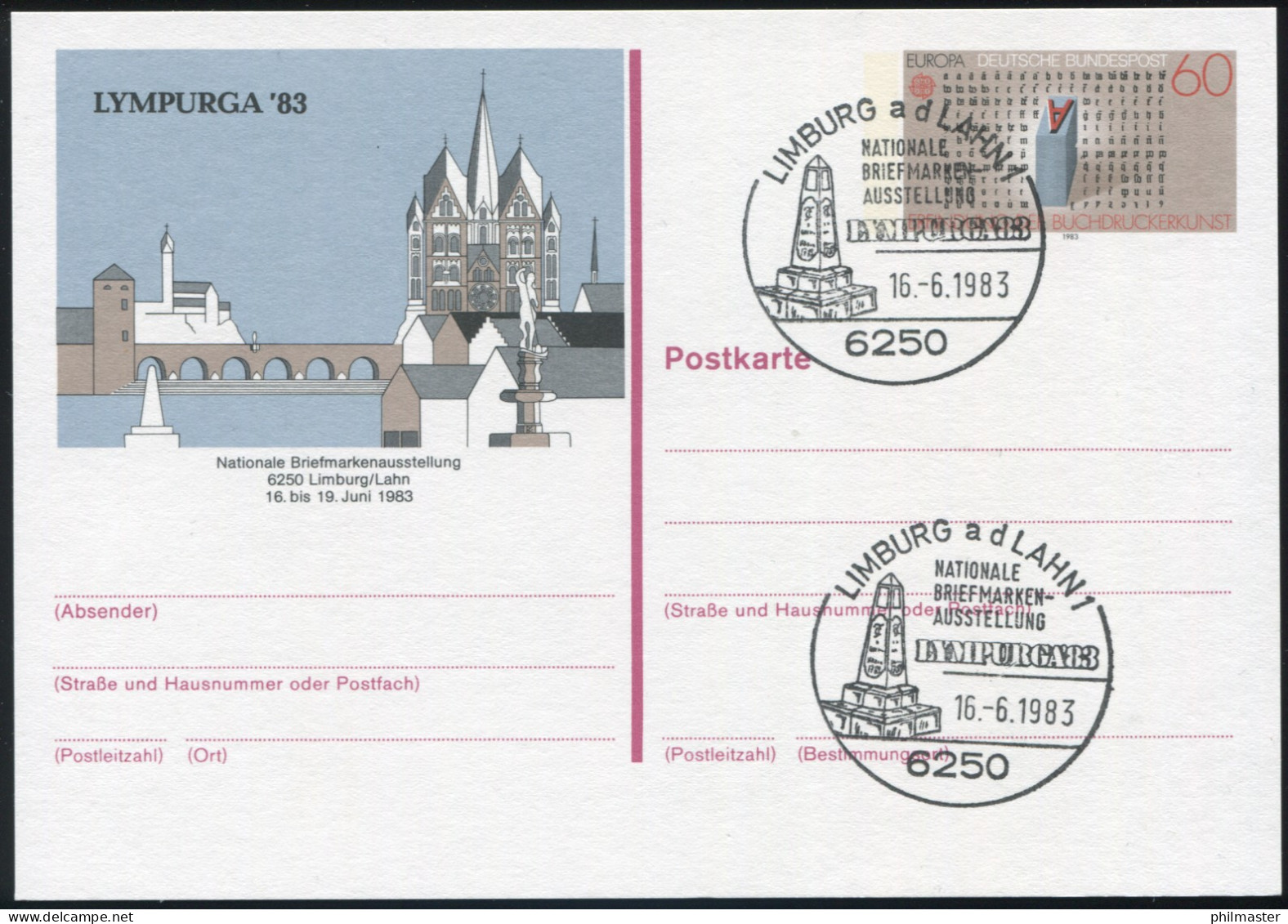 PSo 8 LYMPURGA 1983, ESSt Limburg Postmeilensäule 16.6.83 - Cartes Postales - Neuves