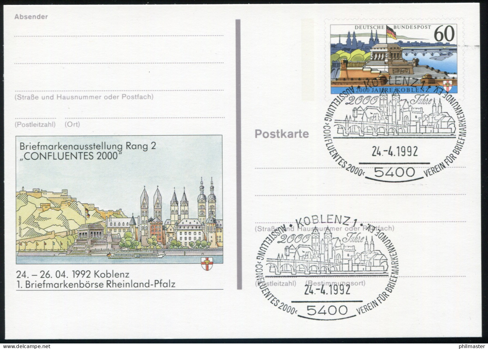 PSo 26 Briefmarkenausstellung CONFLUENTES 2000 Koblenz 1992, SSt Confluentes - Cartes Postales - Neuves
