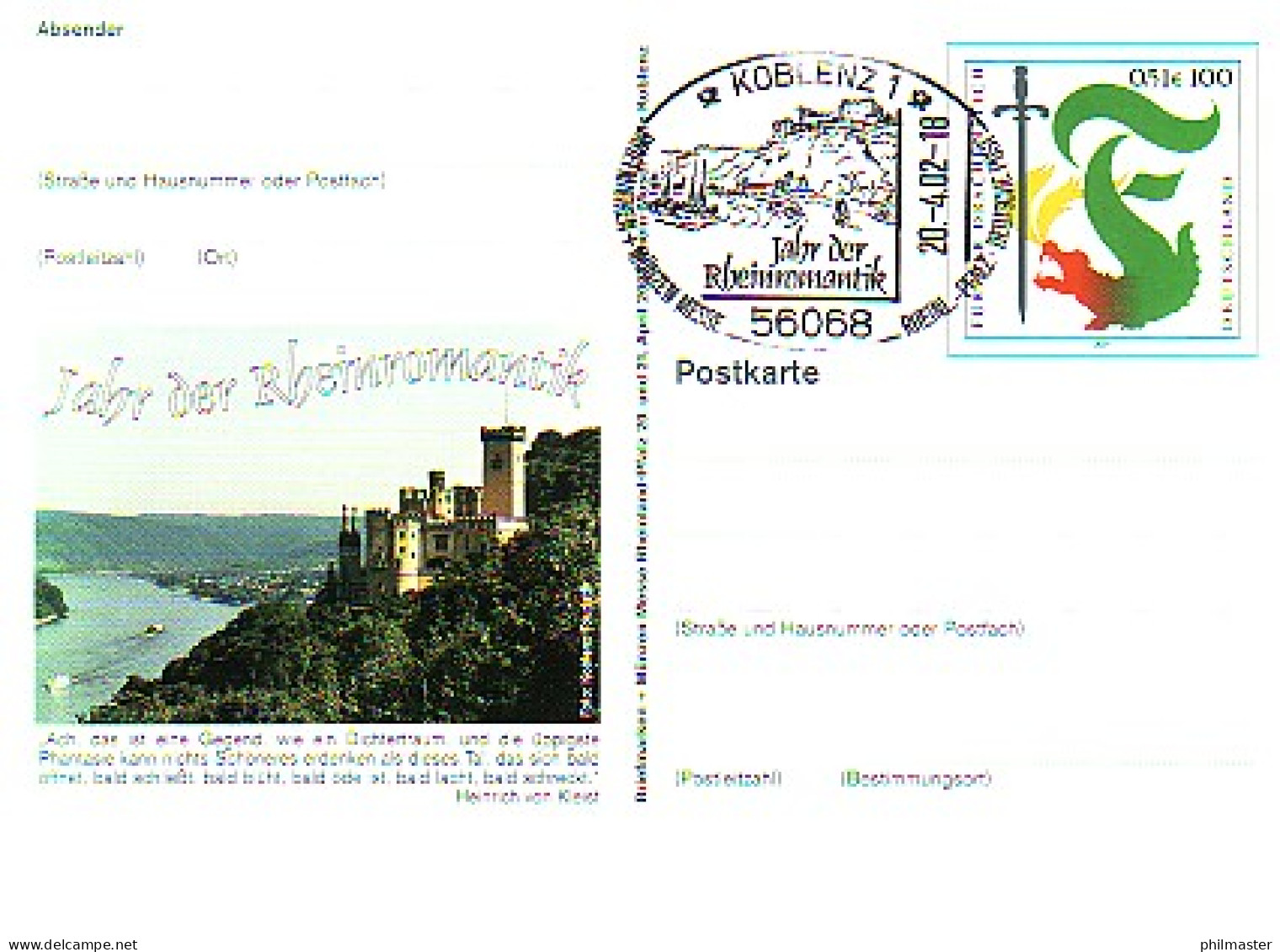 PSo 79 Messe Koblenz 2002, ESSt Koblenz Rheinromantik 20.4.02 - Cartes Postales - Neuves