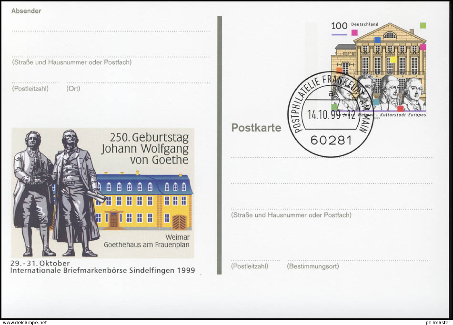 PSo 62 Briefmarkenbörse Sindelfingen Goethe 1999, VS-O Frankfurt 14.10.1999 - Cartes Postales - Neuves