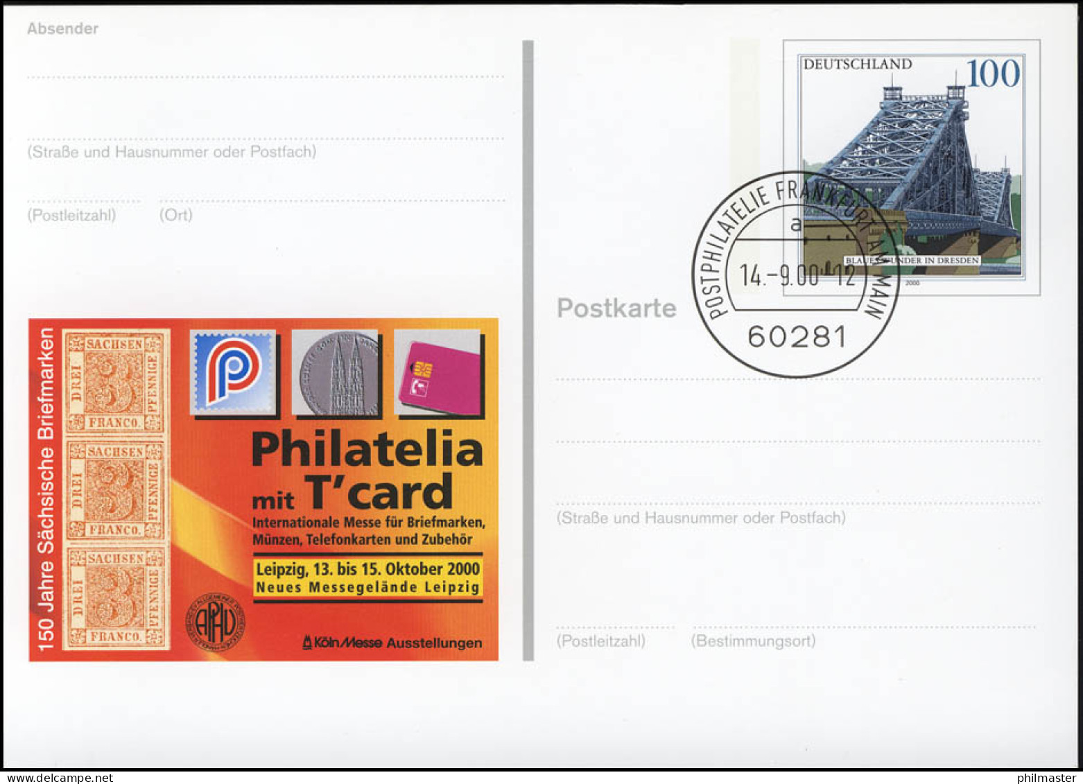 PSo 72 PHILATELIA Leipzig Sachsendreier 2000, VS-O Frankfurt 14.09.2000 - Cartes Postales - Neuves