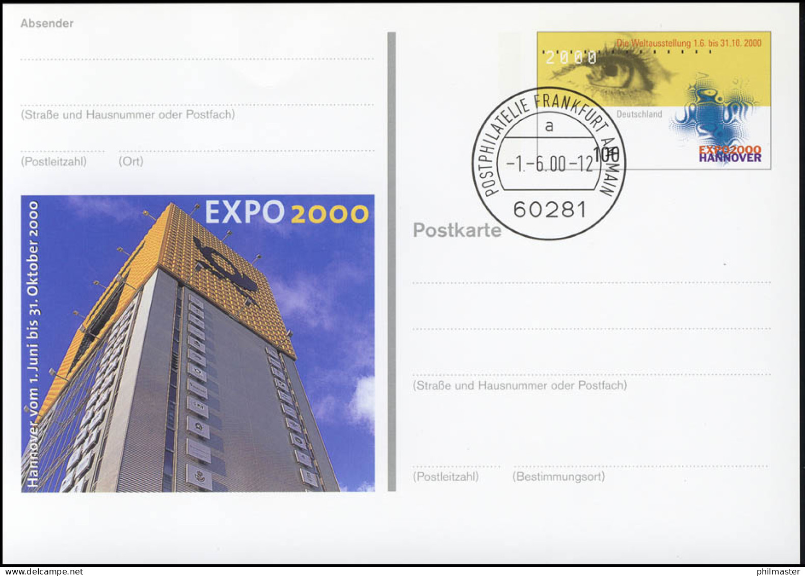 PSo 69 Weltausstellung EXPO Hannover 2000, VS-O Frankfurt 01.06.2000 - Cartes Postales - Neuves