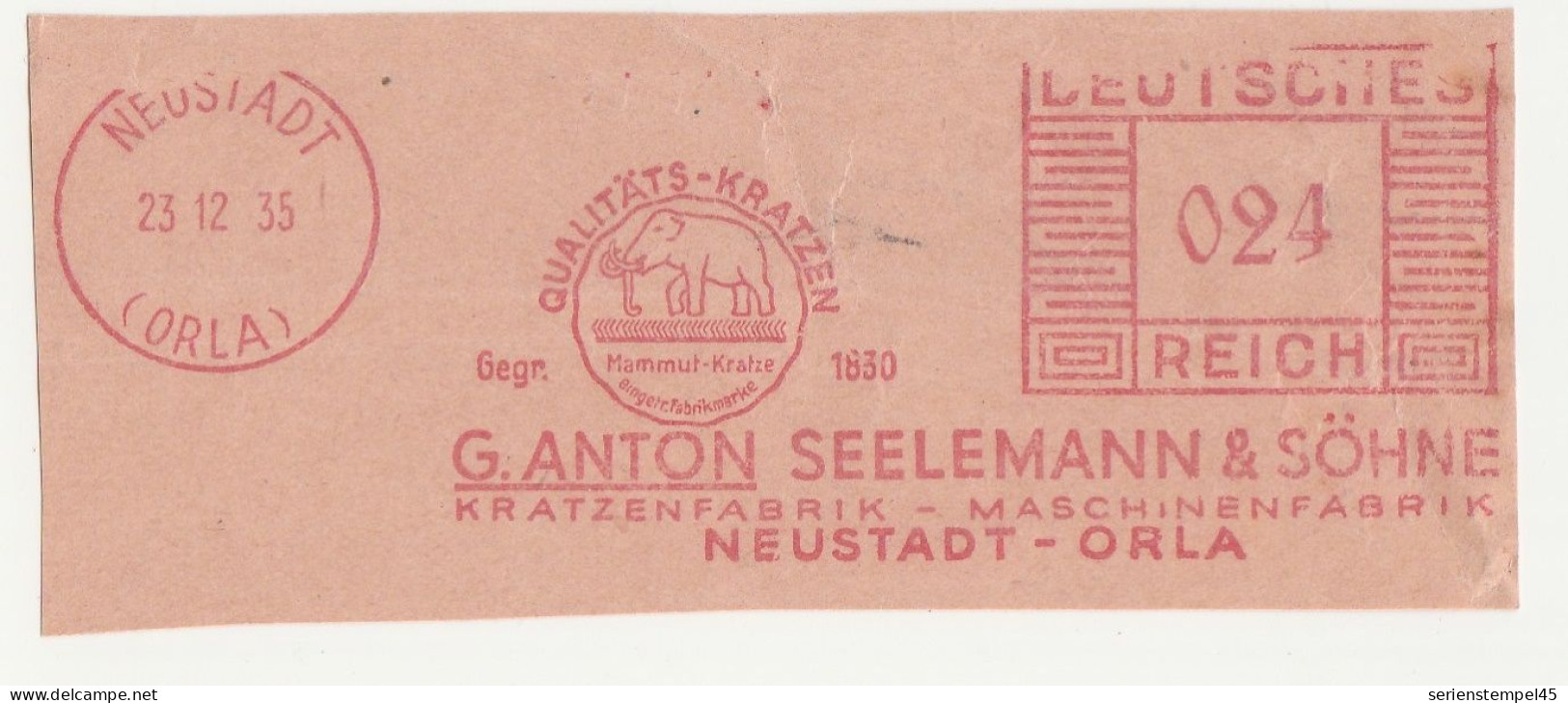 Motive  Tierwelt & Fauna  Säugetiere  Elefanten Freistempler Briefstück Deutsches Reich Neustadt Orla 1935 Seelemann - Elefanten