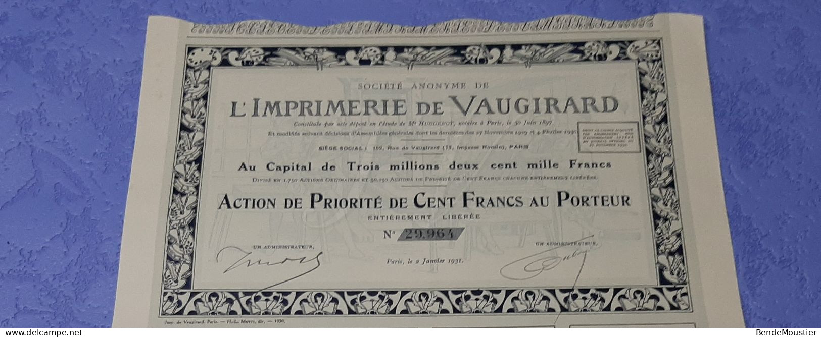 S.A. De L'Imprimerie Du Vaugirard - Action De Priorité De 100 Frs. Au Porteur - Paris 1931. - Industrie
