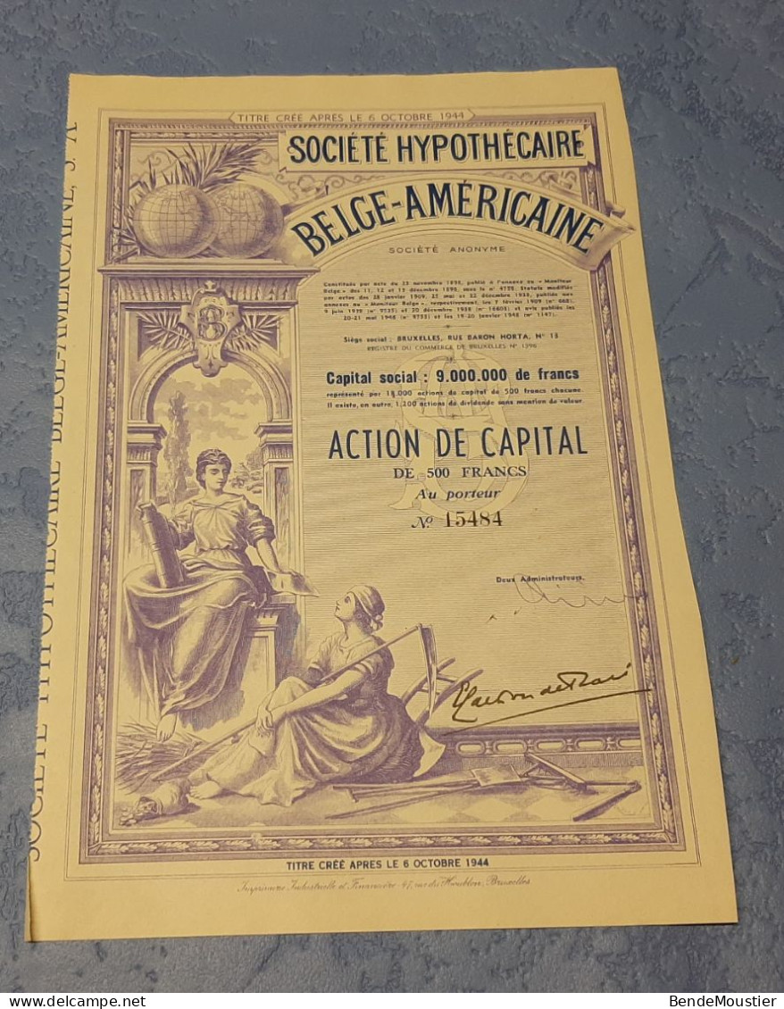 Société Hypothécaire Belge-Américaine S.A. - Action De Capital De 500 Frs - Bruxelles 1948. - Bank En Verzekering