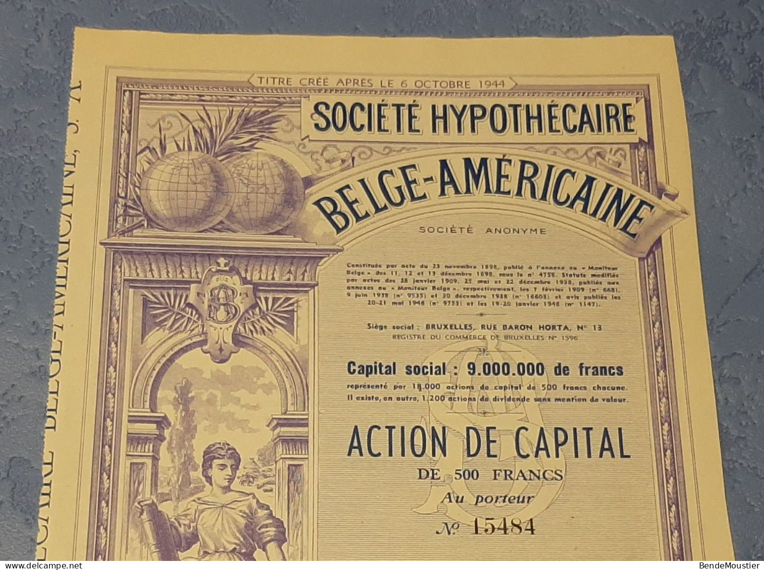 Société Hypothécaire Belge-Américaine S.A. - Action De Capital De 500 Frs - Bruxelles 1948. - Bank En Verzekering