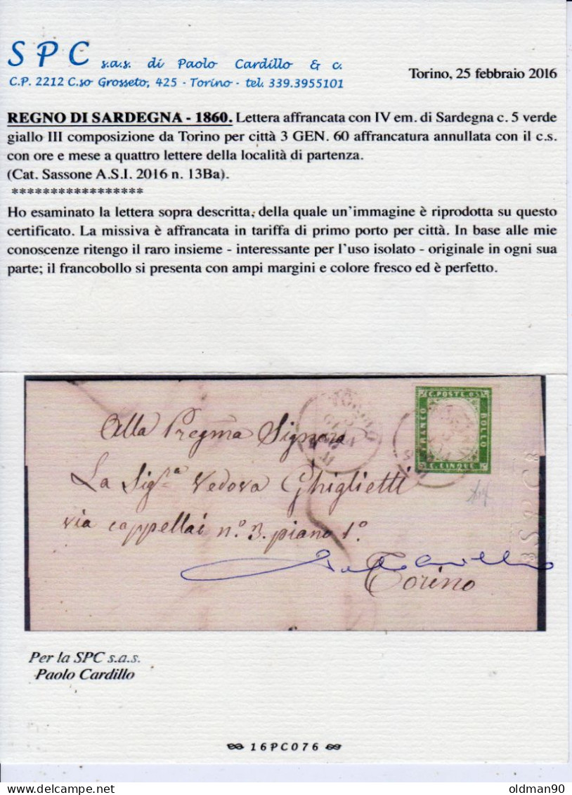 Sardegna-OS-518- Cent. 5, Sassone 13 Ba, Su Piego Da Torin!o, 3/1/60 - Raro! - 2 Certificati. - Sardinia