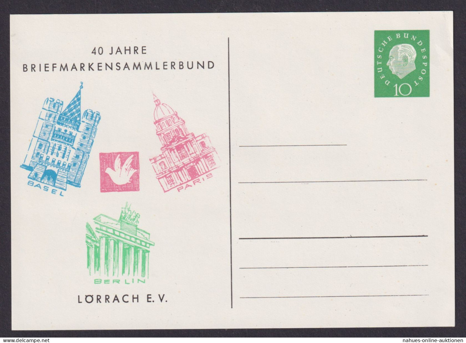 Bund Heuss Privatganzsache Philatelie Lörrach Invalidendom Brandenburger Tor - Cartes Postales Privées - Neuves