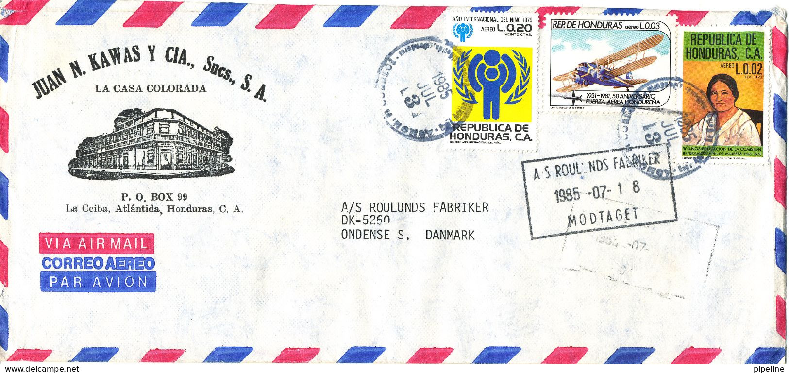 Honduras Air Mail Cover Sent To Denmark 3-7-1985 Topic Stamps (a Block Of 4 On The Backside Of The Cover) - Honduras