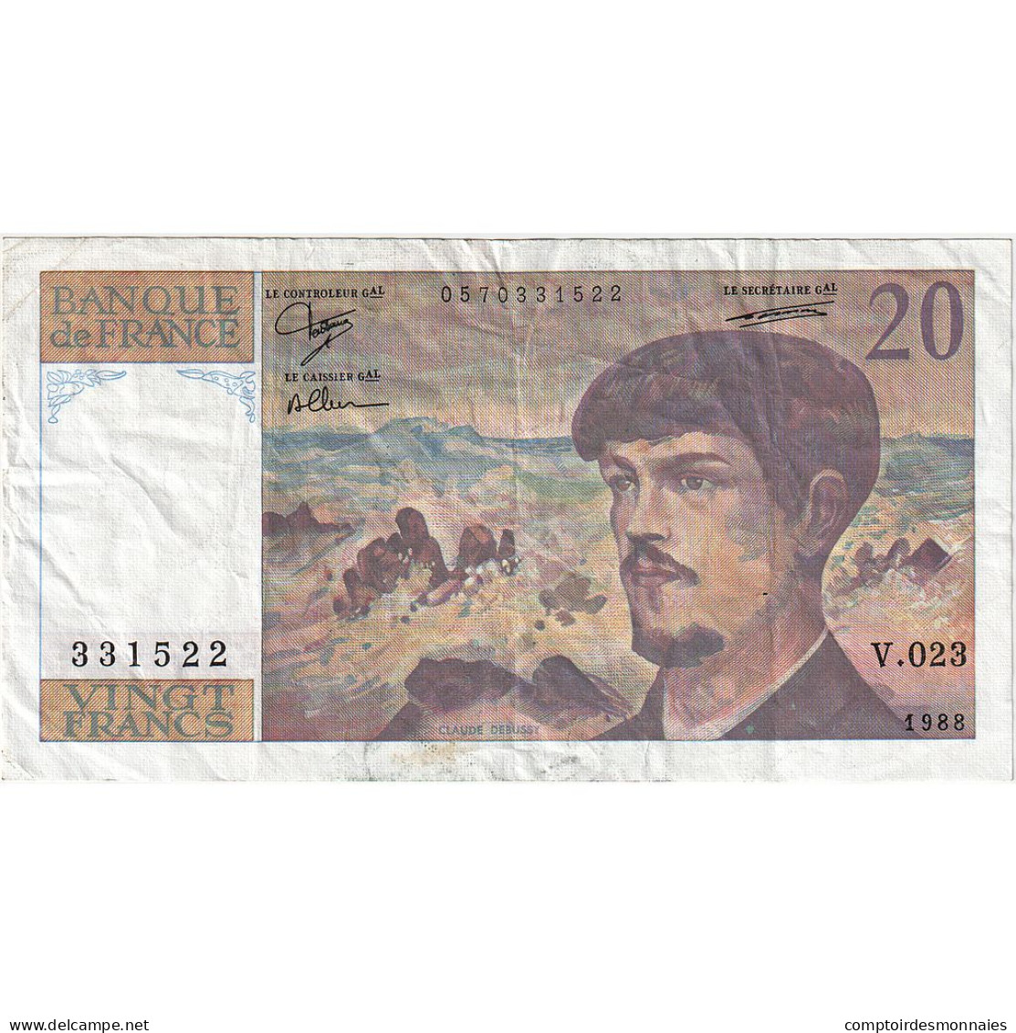 France, 20 Francs, Debussy, 1988, V.023, TTB, Fayette:66.9, KM:151c - 20 F 1980-1997 ''Debussy''