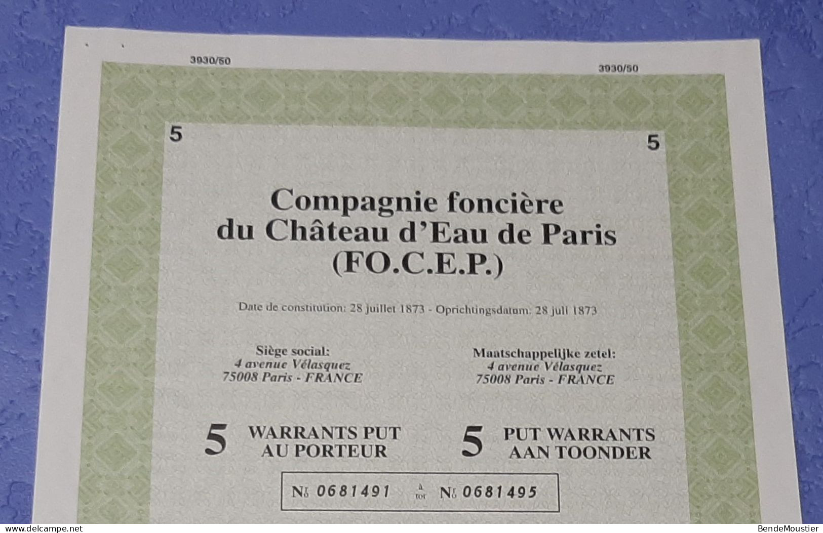 Compagnie Foncière Du Château D'Eau De Paris (FO.C.E.P.) - Cie Royale Asturienne Des Mines - 5 Warrants - Paris 1993. - Water