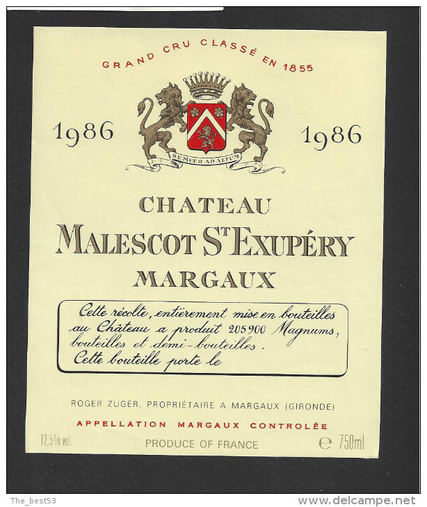 Etiquette De Vin  -   Chateau Malescot Saint Ezupéry  -  Margaux -  1986  -  Grand Cru Classé - Bordeaux