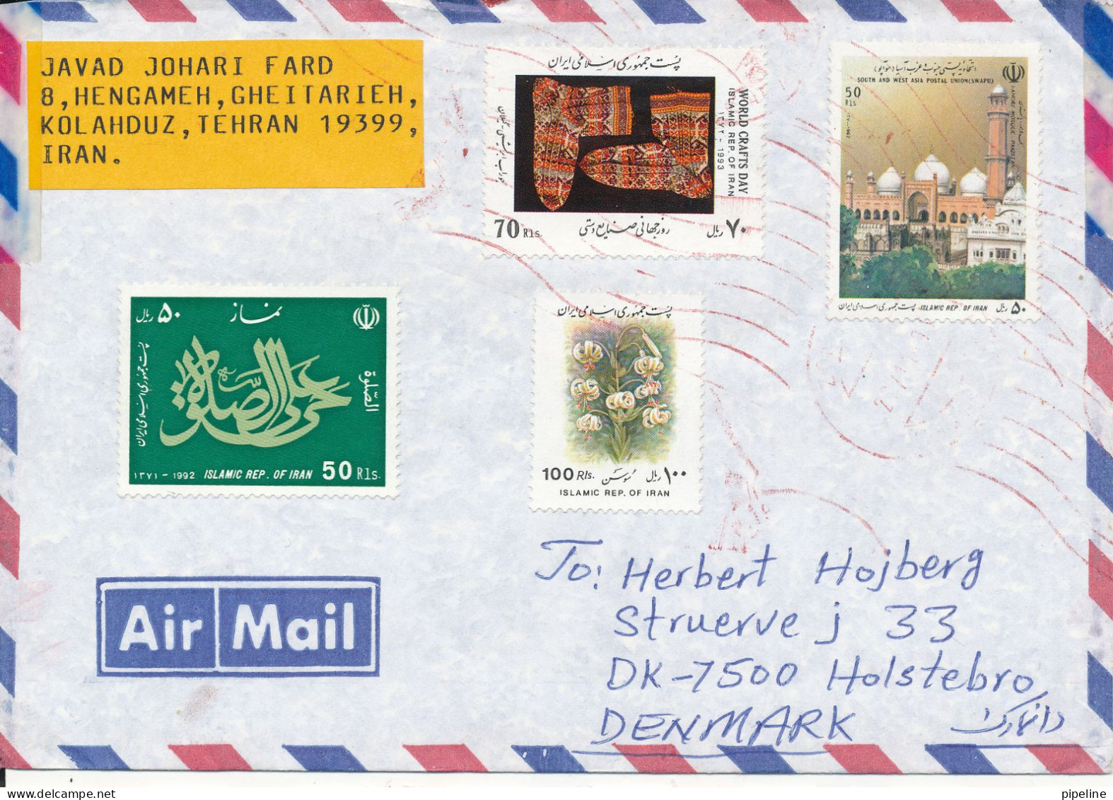 Iran Air Mail Cover Sent To Denmark With More Topic Stamps - Iran