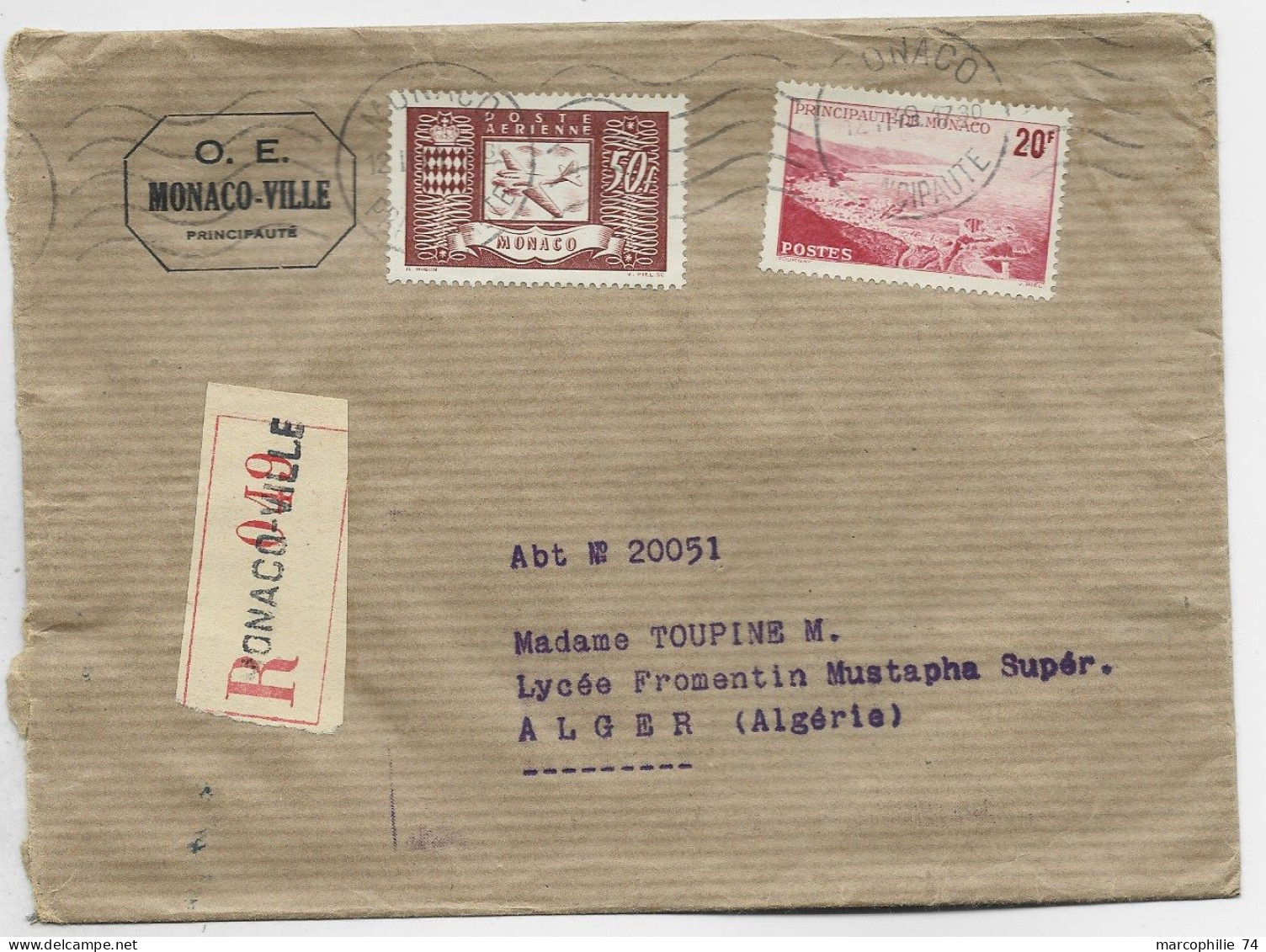 MONACO 20FR + PA 50FR LETTRE COVER REC MONACO VILLE 1949 POUR ALGERIE - Covers & Documents