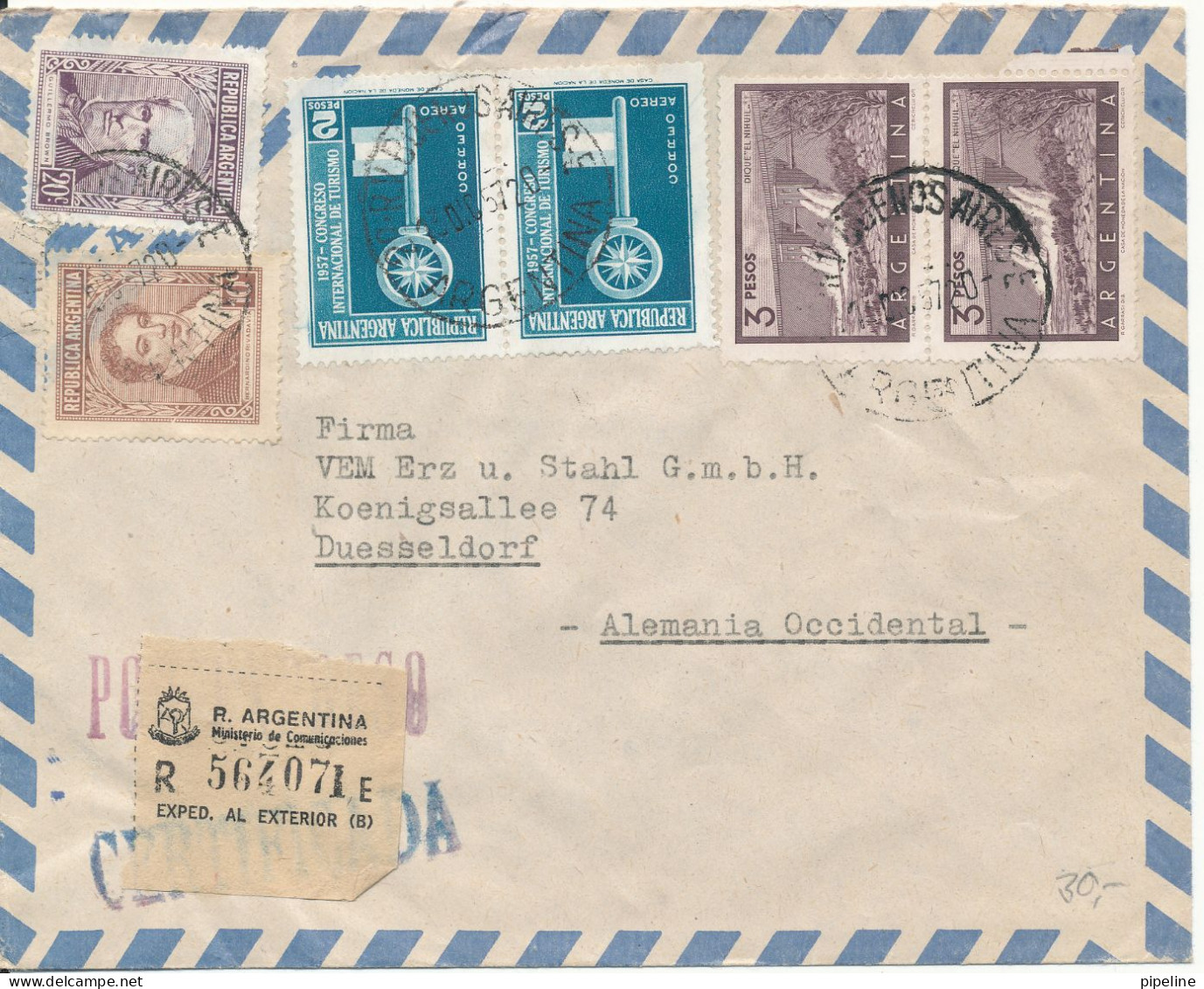 Argentina Registered Air Mail Cover Sent To Germany 23-12-1957 - Airmail
