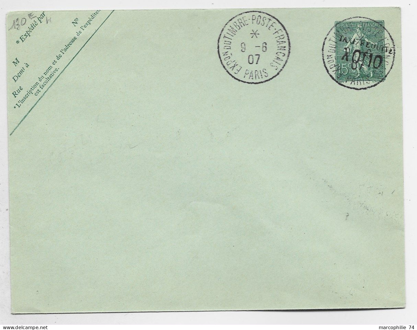 FRANCE ENTIER 15C LIGNEE TAXE REDUITE 0FR10 ENVELOPPE EXPon TIMBRE POSTE FRANCAIS 9.6.07 PARIS NEUF SUPERBE  COTE 60€ - Standard Covers & Stamped On Demand (before 1995)