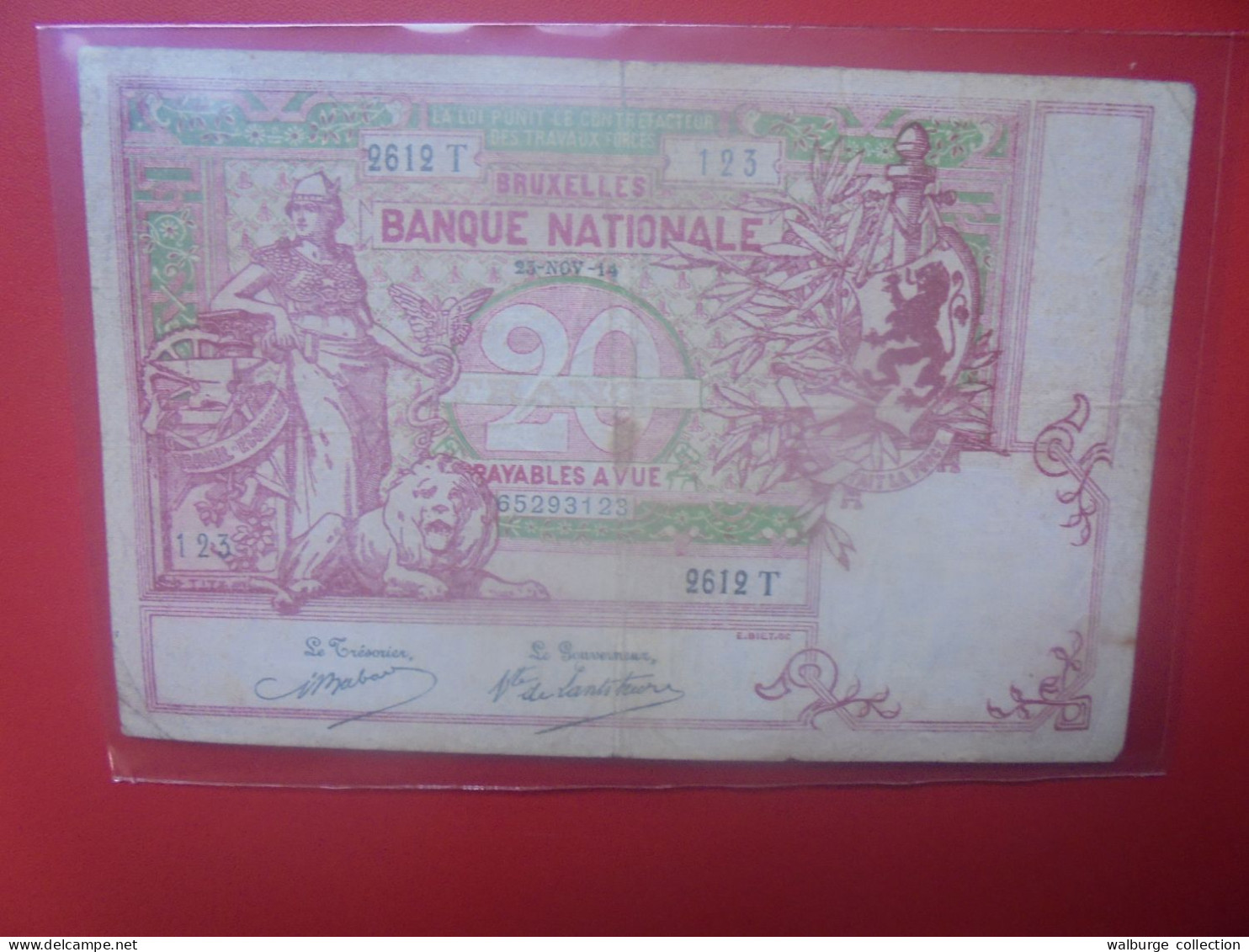 BELGIQUE 20 Francs 1914 (Date+rare) Circuler (B.33) - 5-10-20-25 Francs