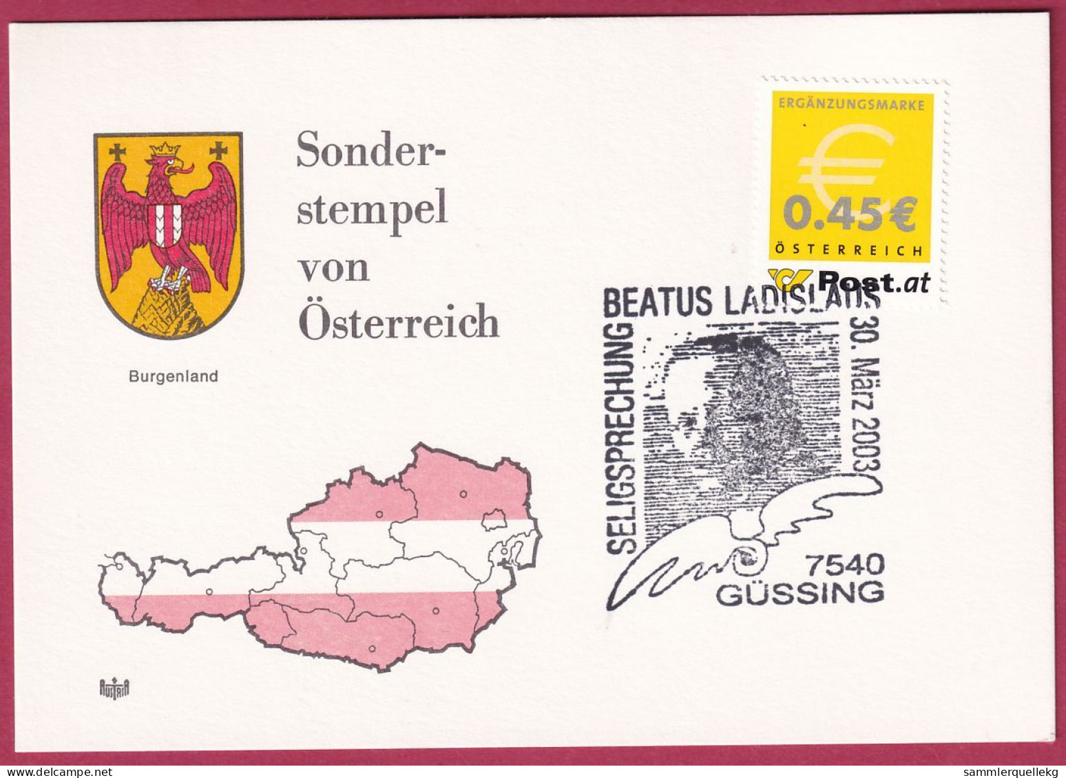 Österreich MNr. 2402 Sonderstempel 30. März 2003, Güssing SELIGSPRECHUNG - BEATUS LADISLAUS - Cartas & Documentos